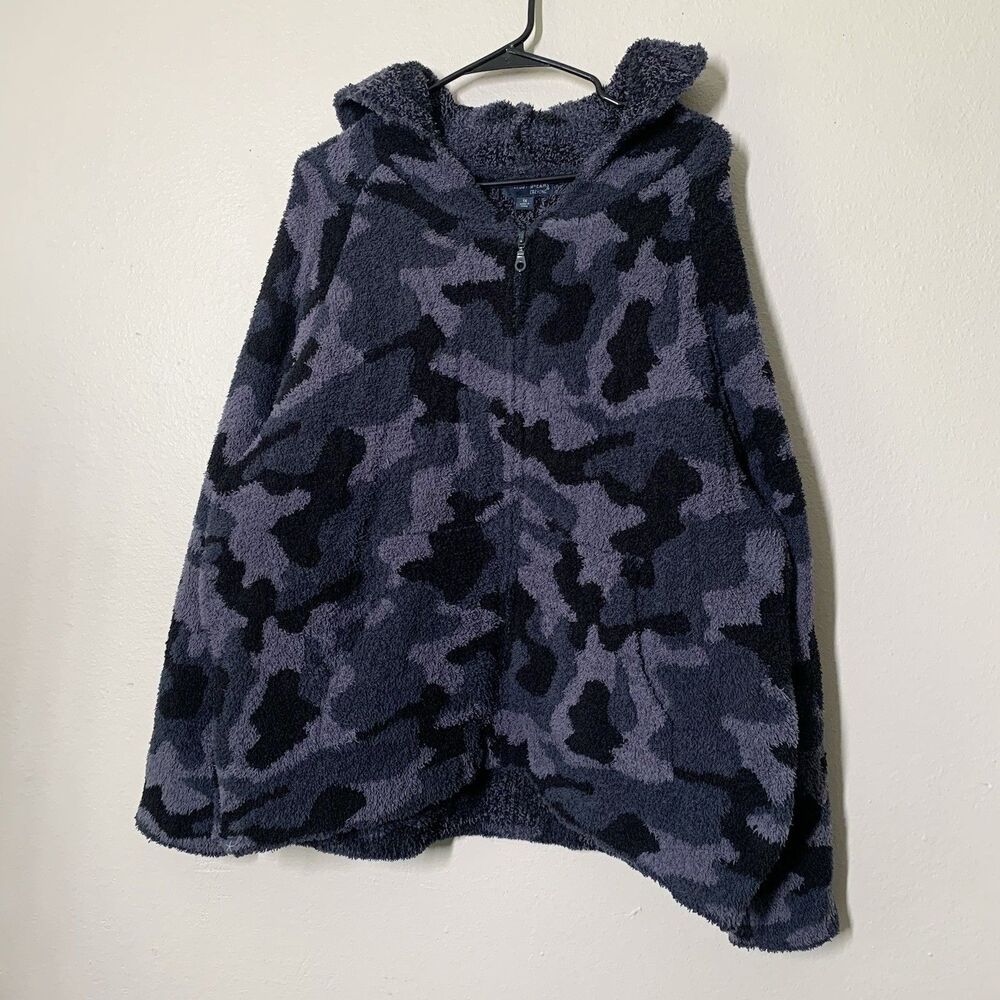 Barefoot Dreams Cozychic Camo Hoodie Indigo 1X Zip Up Pockets Sweater